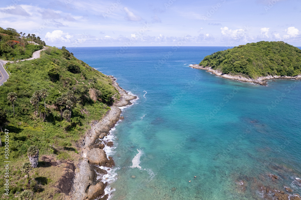 Amazing landscape nature view from Drone camera. Aerial view of seashore in phuket thailand. Beautiful sea in summer sunny day time season greeting background