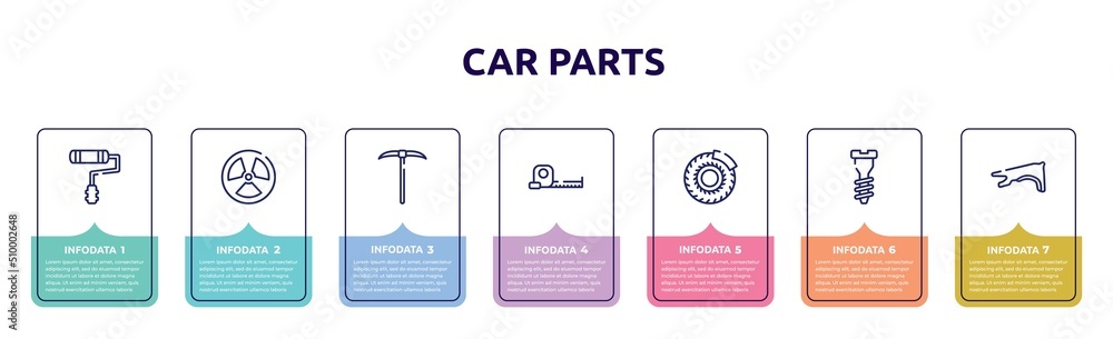 car parts concept infographic design template. included painter roller, radiation, gardening digger, open scale, brake disc, garage screw, fender icons and 7 option or steps. car parts concept infographic design template. included painter roller, radiation, gardening digger, open scale, brake disc, garage screw, fender icons and 7 option or steps.