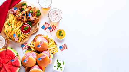 Table with food for USA 4th July Independence Day, copy space