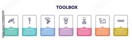 toolbox concept infographic design template. included headlight, adjustable spanner, hammer and nail, ecologic light bulb, piston, car door, school ruler icons and 7 option or steps.