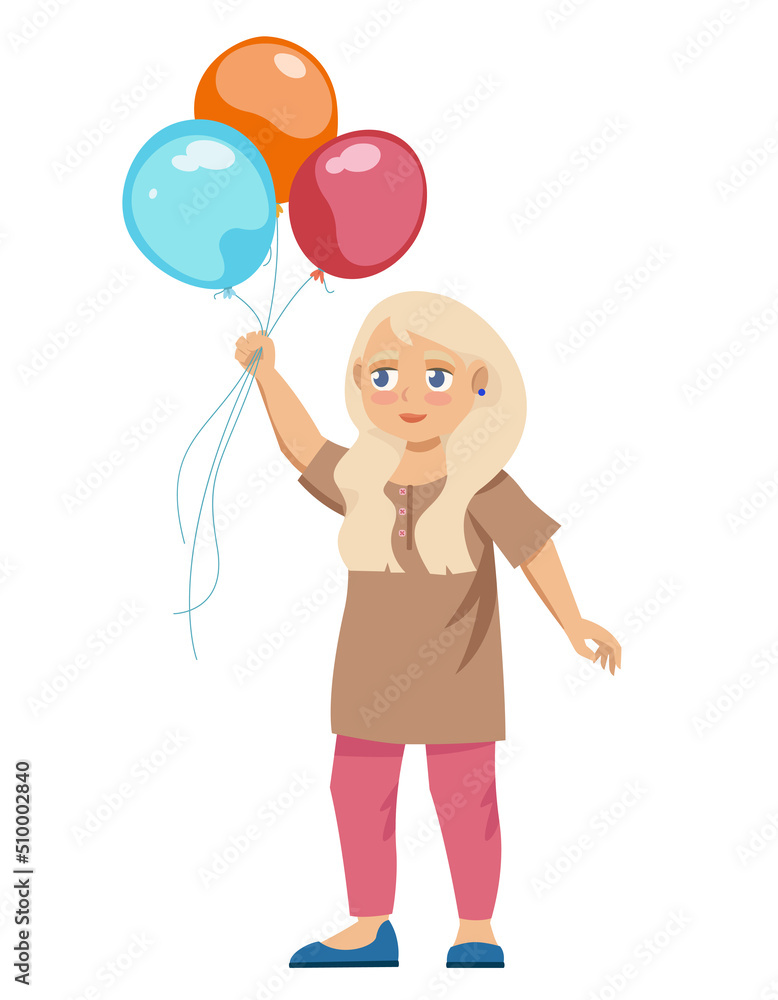 Girl holding balloons. Character in cartoon style. Girl holding balloons. Character in cartoon style.