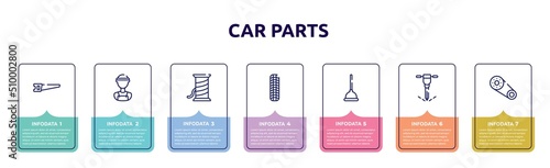 car parts concept infographic design template. included hacksaw, electrician service, copper wire, tiremarks, plunger, puncture, timing belt icons and 7 option or steps.