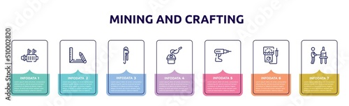 mining and crafting concept infographic design template. included starter, drawing tool, hand tool, crucible, hand drill, electric meter, glassblowing icons and 7 option or steps.