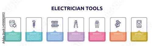 electrician tools concept infographic design template. included weld, screws, radiator, clamps, jumpsuit, hex key, ammeter icons and 7 option or steps.
