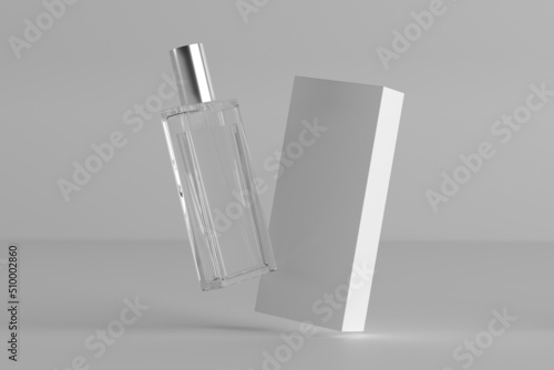 3D rendering of a flying perfume packaging mockup on a stand with place for design