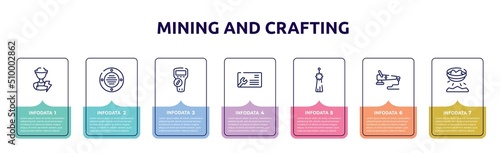 mining and crafting concept infographic design template. included electrician, extractor, multimeter, business cards, norigae, polisher, panning icons and 7 option or steps.