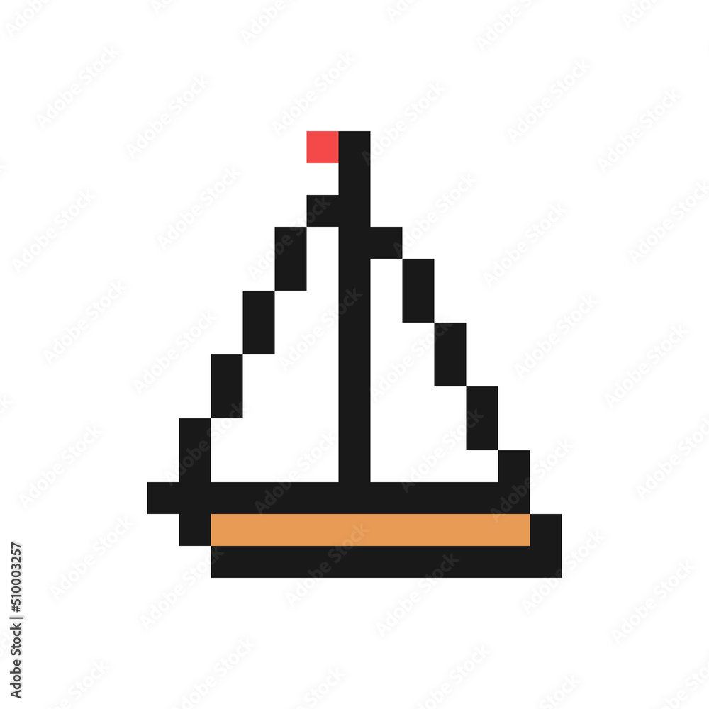 Yacht with sail icon in pixel art design isolated on white background Yacht with sail icon in pixel art design isolated on white background