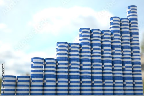 Steel oil drums with flag of Greece form increasing chart or upwards trend. Petrochemical industry growth concept, 3D rendering