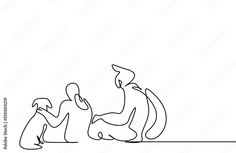 Obraz premium back view concept of a family and married couple and their dog sitting together in nature