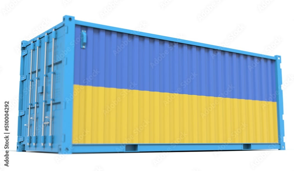 Flag of Ukraine on the side of a cargo container, 3d rendering Flag of Ukraine on the side of a cargo container, 3d rendering