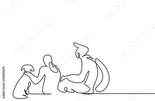 back view concept of a family and married couple and their dog sitting together in nature