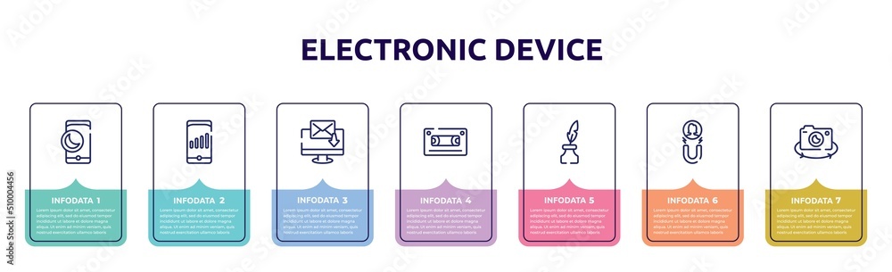 electronic device concept infographic design template. included half moon, high, electronic mail, audio tape, inkwell, attraction, rotate camera icons and 7 option or steps. electronic device concept infographic design template. included half moon, high, electronic mail, audio tape, inkwell, attraction, rotate camera icons and 7 option or steps.