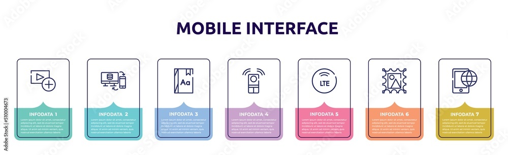 mobile interface concept infographic design template. included add video, data sharing, dictionary, remote, lte, post stamp, roaming icons and 7 option or steps. mobile interface concept infographic design template. included add video, data sharing, dictionary, remote, lte, post stamp, roaming icons and 7 option or steps.
