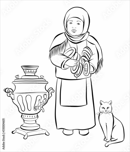 A little girl with a steering wheel around her neck. There is a samovar and a cat nearby. Spring. Black and white realistic illustration for coloring. Vector.