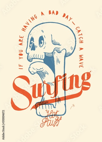 Skull with wave tongue. Funny surfing character typography illustration silkscreen style t-shirt print vector illustration.