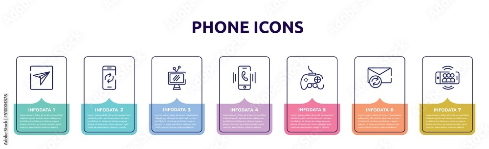 phone icons concept infographic design template. included send message, smartphone with reload arrows, televisions, smartphone ringing, joypad, resend, smartphone group chat icons and 7 option or phone icons concept infographic design template. included send message, smartphone with reload arrows, televisions, smartphone ringing, joypad, resend, smartphone group chat icons and 7 option or