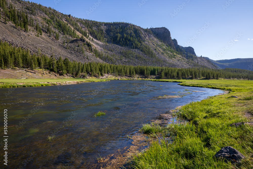 River and mountains at Yellowstone National Park. Wyoming landscape.