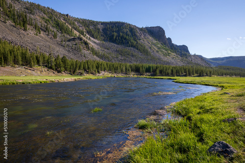 River and mountains at Yellowstone National Park. Wyoming landscape.