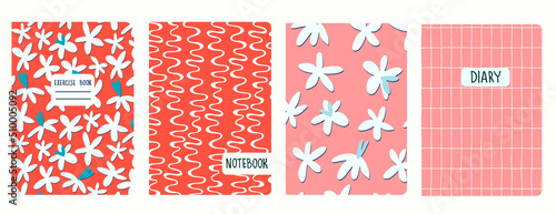 Set of cover page templates based on patterns with anemone, poppy flowers in Ditzy style and gridlines. Backgrounds for notebooks, notepads, diaries. Headers isolated and replaceable