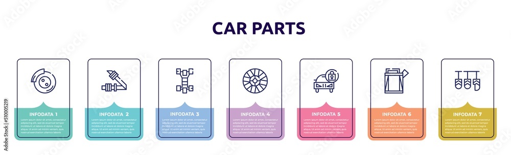 car parts concept infographic design template. included car disc brake, car seat belt or safety belt, chassis, hubcap, lock, petrol tank, pedal icons and 7 option or steps.