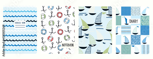 Set of cover page templates with sailing boats, night cosmic sky, and spiral lines as handwriting imitation. Based on seamless patterns. Headers isolated and replaceable.