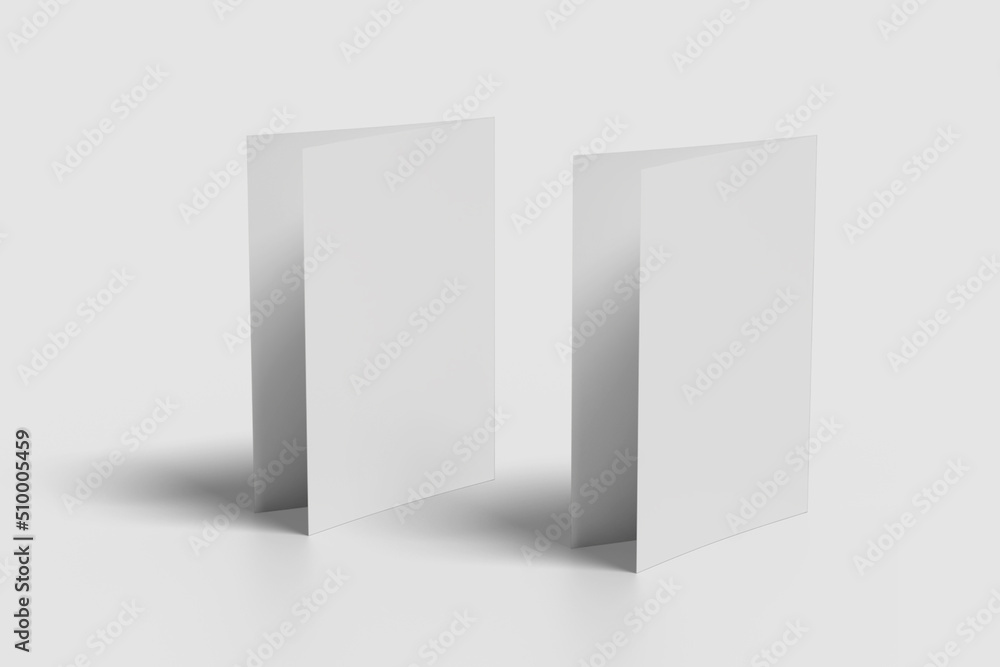 Realistic blank bifold brochure illustration for mockup. 3D Render. Realistic blank bifold brochure illustration for mockup. 3D Render.
