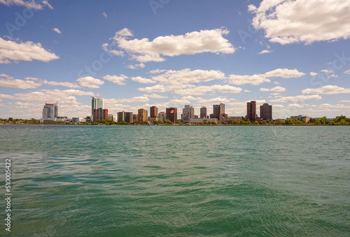 Detroit, Michigan USA Riverwalk and view on Windsor, Ontario, Canada