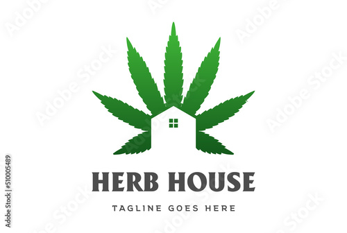 Simple Marijuana Cannabis Ganja Leaf with House for Hemp CBD Oil Logo Design Vector