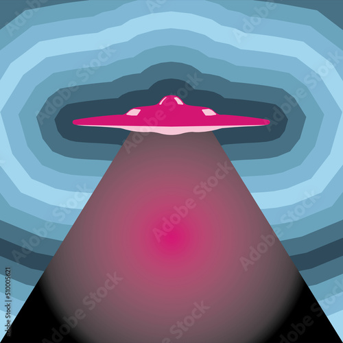 World UFO Day celebration. Image of flying saucer with hypnotic glow floating in the sky. Poster banner with copyspace. EPS10