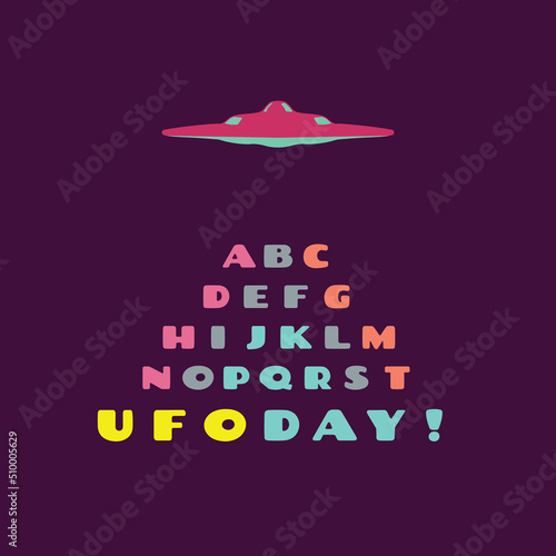 World UFO Day celebration. Image of flying UFO with alphabetic game in cartoon style. EPS8