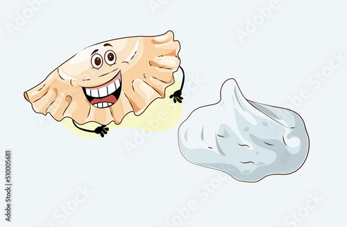 Dumpling lucky. Happy dumpling and sour cream
smiling with mouth wide open isolated on white background. Vector funny illustration of hungry dumpling face with sour cream for fun food design.