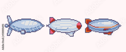 Airship pixel art set. Zeppelin collection. 8 bit sprite. Game development, mobile app.  Isolated vector illustration.