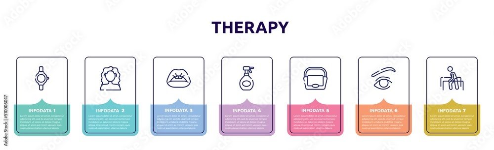 therapy concept infographic design template. included luxury watch, curly hair, women lips, hair spray bottle, big hand bag, eye with lines, physiotherapy icons and 7 option or steps. therapy concept infographic design template. included luxury watch, curly hair, women lips, hair spray bottle, big hand bag, eye with lines, physiotherapy icons and 7 option or steps.