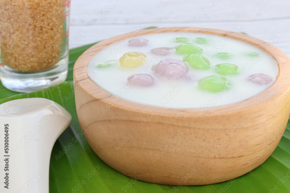 Thai dessert with colorful flour, milk and egg, rainbow tapioca Famous Thai dessert, Bualoy Thai dessert with colorful flour, milk and egg, rainbow tapioca Famous Thai dessert, Bualoy