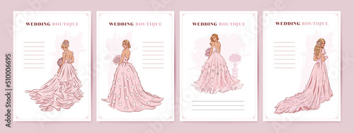Hand drawn wedding boutique poster collection. Vector illustration of beautiful bride
