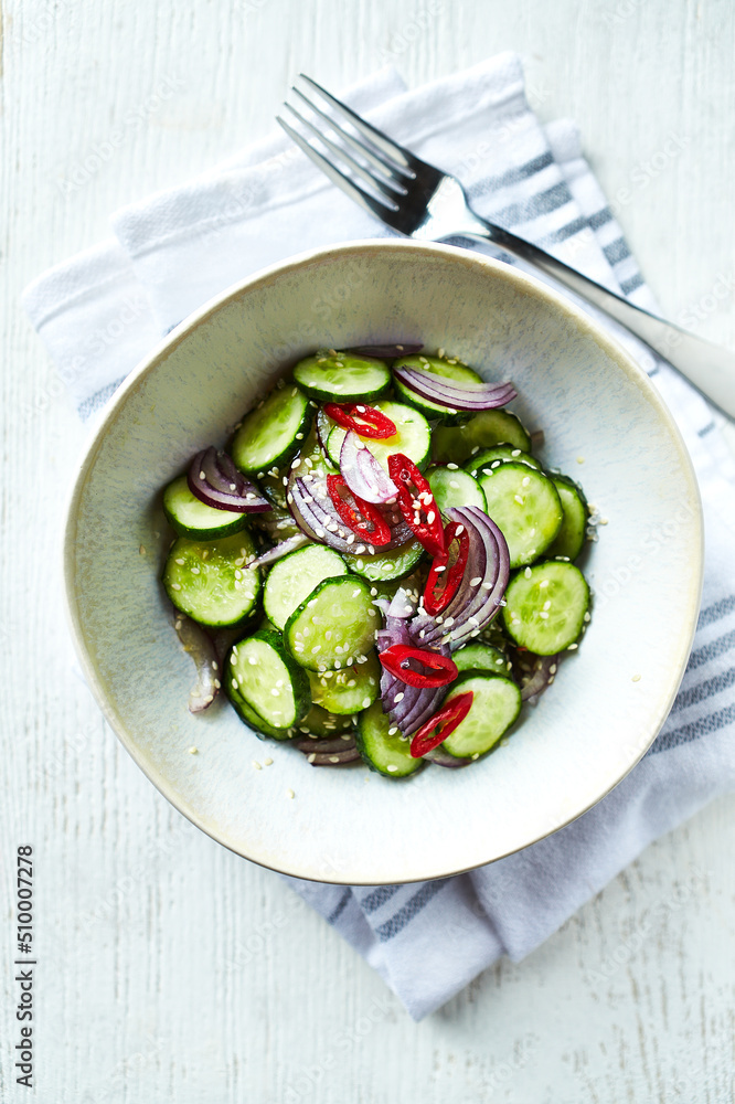 Cucumber sald with chili pepper, sesame and red onion. Thai inspired
Cucumber sald with chili pepper, sesame and red onion. Thai inspired