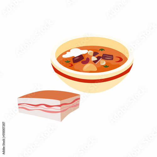 Traditional food of Ukraine - borscht, pork salo. 
