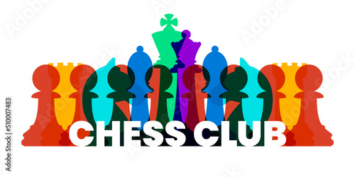 Chess club with text and colorful transparent pieces