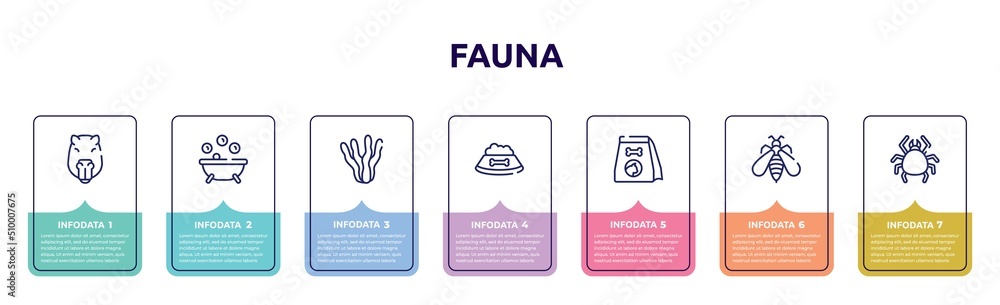 fauna concept infographic design template. included capybara head, pets bath, aae, dog food, cat food, big wasp, big mite icons and 7 option or steps.
