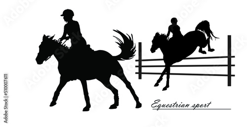 a set of silhouettes. a rider jumping over an obstacle on a horse, isolated images, a black silhouette on a white background.