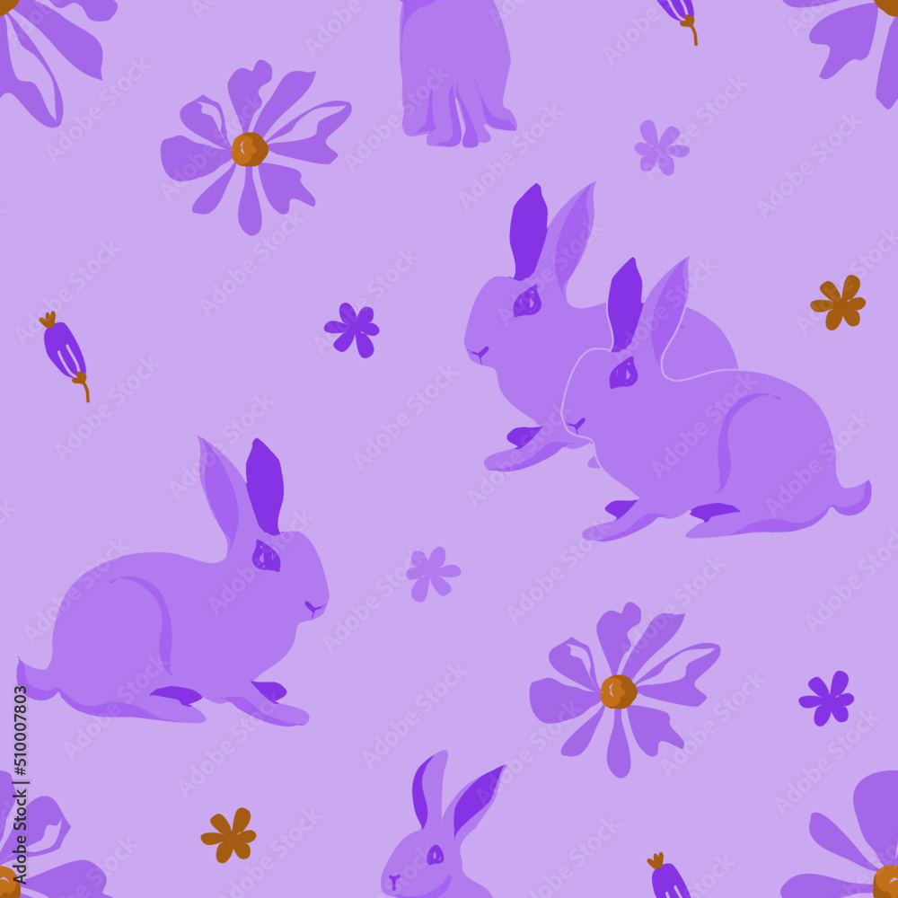 Obraz premium Draw seamless pattern rabbit, flower on red background. vector illustrator design for fashion, fabric, wallpaper and all prints. Minimalist cartoon style. doodle cartoon