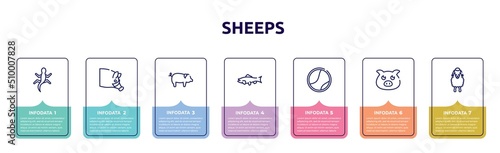 sheeps concept infographic design template. included gecko, hog head, pig with round tail, big salmon, tennis ball, farm pig, sheep front view icons and 7 option or steps.