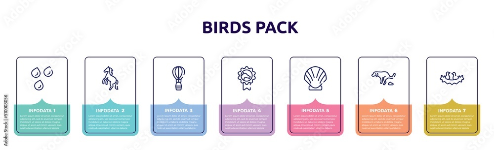 birds pack concept infographic design template. included raindrops, wild horse, hot air balloon, horse races badge, seashell, dog shitting, birds in nest icons and 7 option or steps.