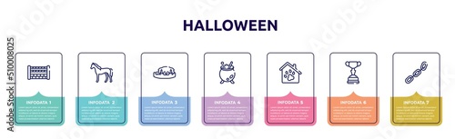 halloween concept infographic design template. included fence for horses jumps, horse standing, dog resting, cauldron, pet hotel, horses races trophy, chains icons and 7 option or steps.