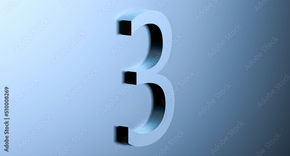 Number 3 on a blue background with reflection. Abstract THREE bluish metallic color with reflection. 3d rendering illustration. Number 3 on a blue background with reflection. Abstract THREE bluish metallic color with reflection. 3d rendering illustration.