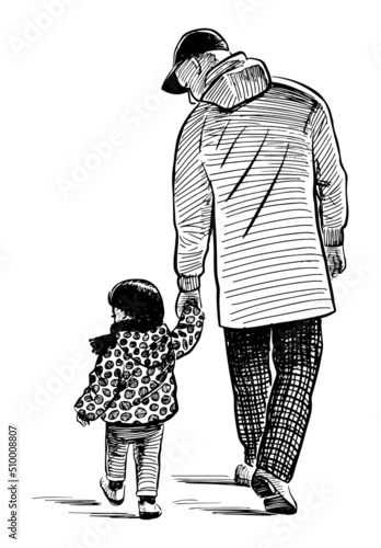 Hand drawing of father with child walking outdoors