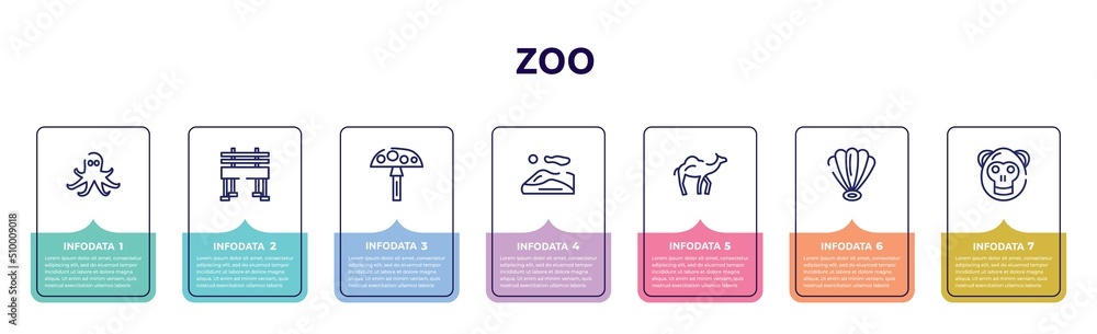 zoo concept infographic design template. included octopus, bench, amanita, dunes, dromedary, shell, orangutan icons and 7 option or steps. zoo concept infographic design template. included octopus, bench, amanita, dunes, dromedary, shell, orangutan icons and 7 option or steps.