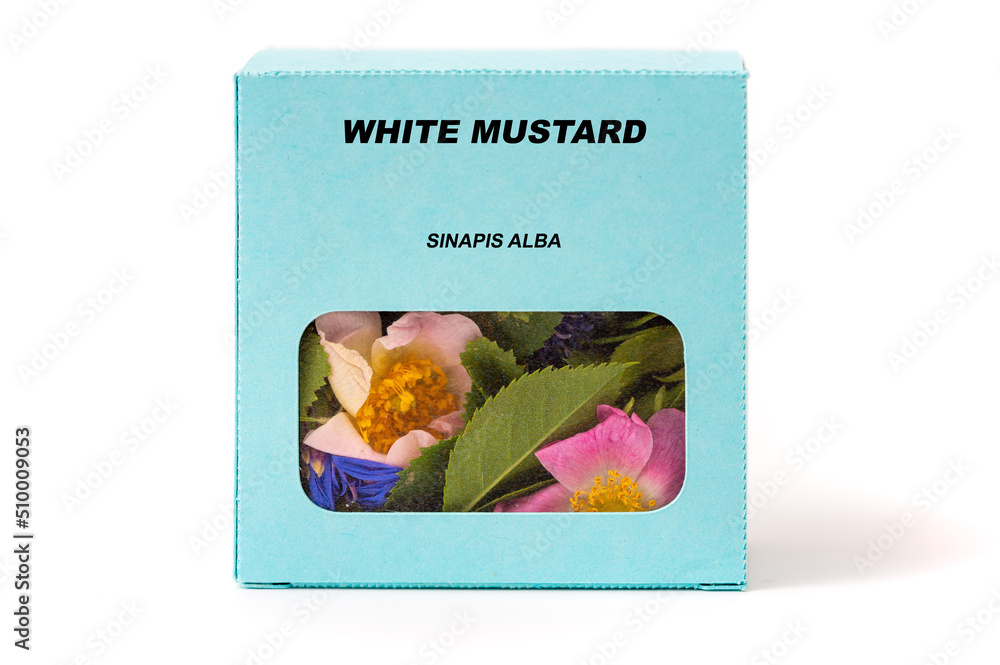 Obraz premium White Mustard Medicinal herbs in a cardboard box. Herbal tea in a gift box