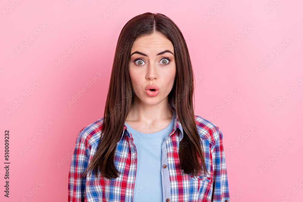 Portrait of impressed astonished lady stare see promotion big sales on black friday isolated on pink color background Portrait of impressed astonished lady stare see promotion big sales on black friday isolated on pink color background