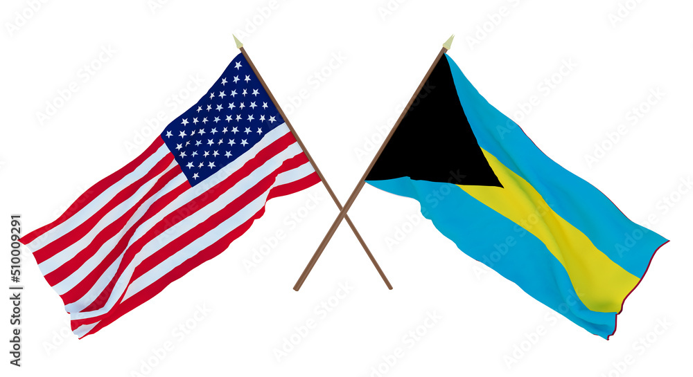 Background for designers, illustrators. National Independence Day. Flags of United States of America, USA and  Bahamas